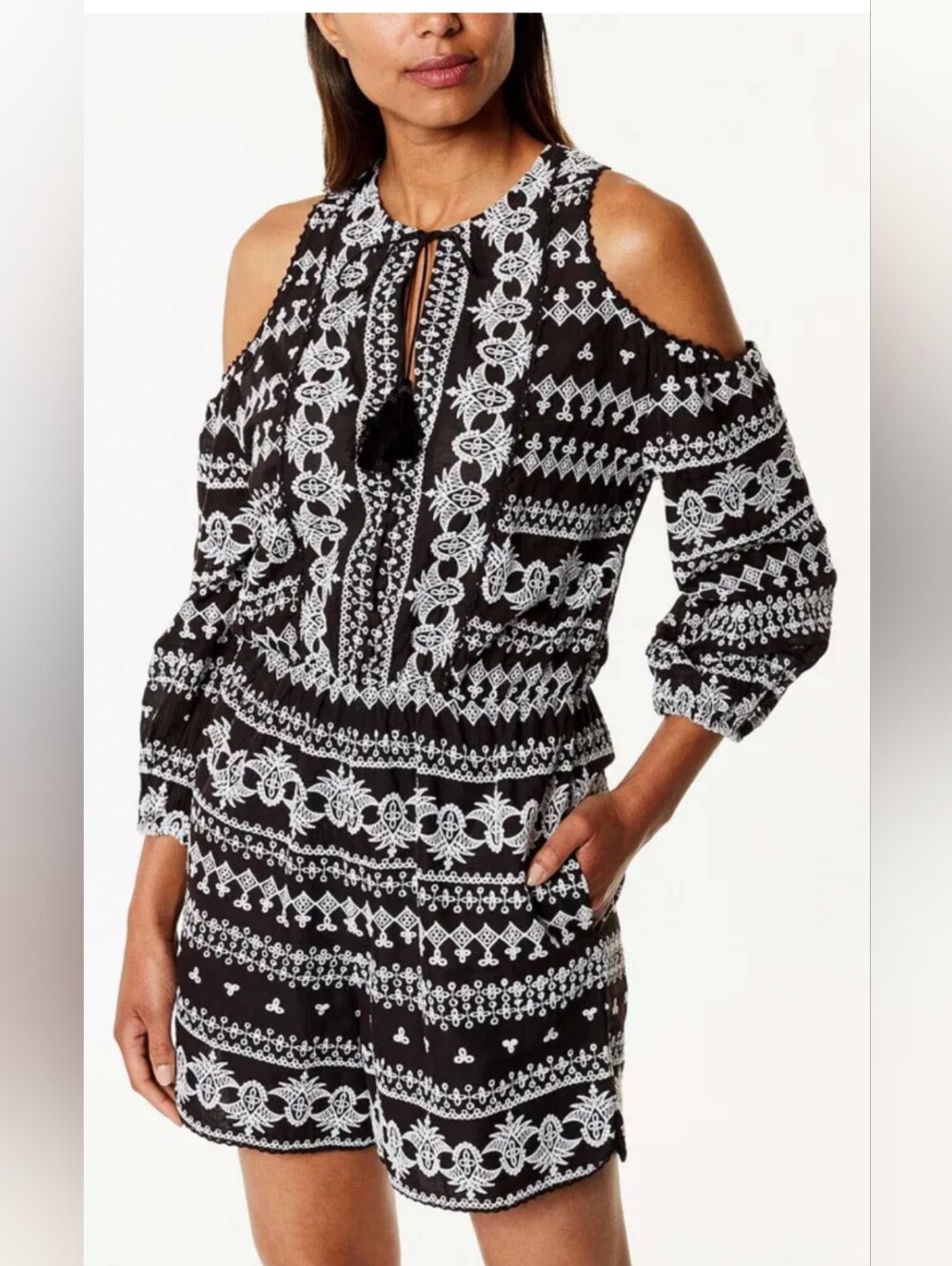 KAREN MILLENEn mbroidered Black Cold Should Romber Showers Boho Playsuit Suze M